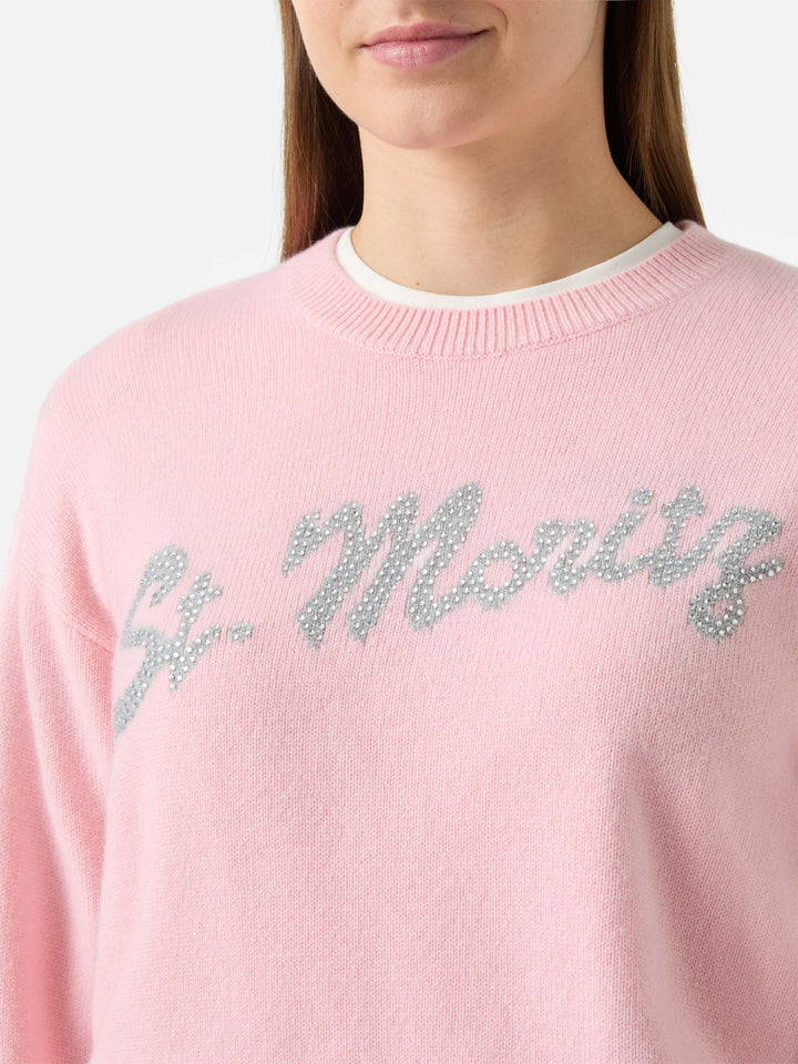 Maglione Louise in cashmere rosa con applicazione St. Moritz in strass