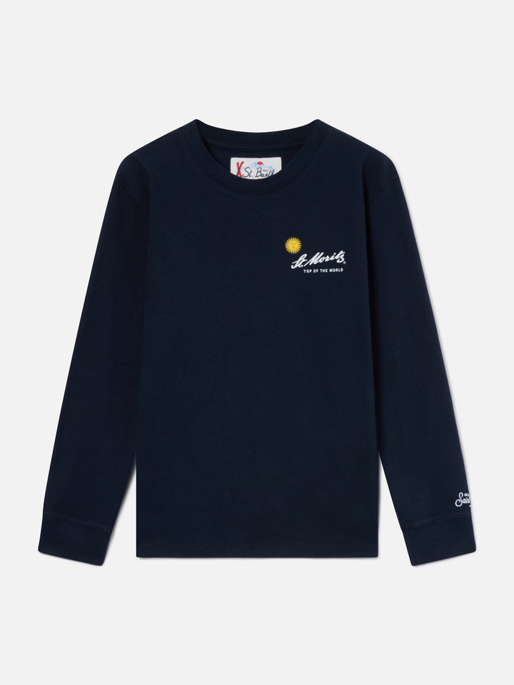 T-shirt Luton blu navy a manica lunga in cotone con stampa St. Moritz sul retro | Special edition