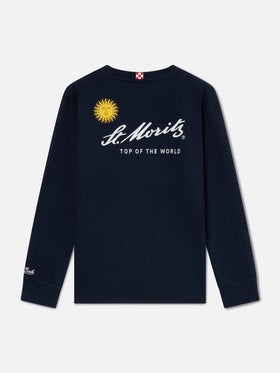 T-shirt Luton blu navy a manica lunga in cotone con stampa St. Moritz sul retro | Special edition