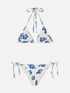 Bikini Levyne triangle in stretch fabric with blue hibiscus print