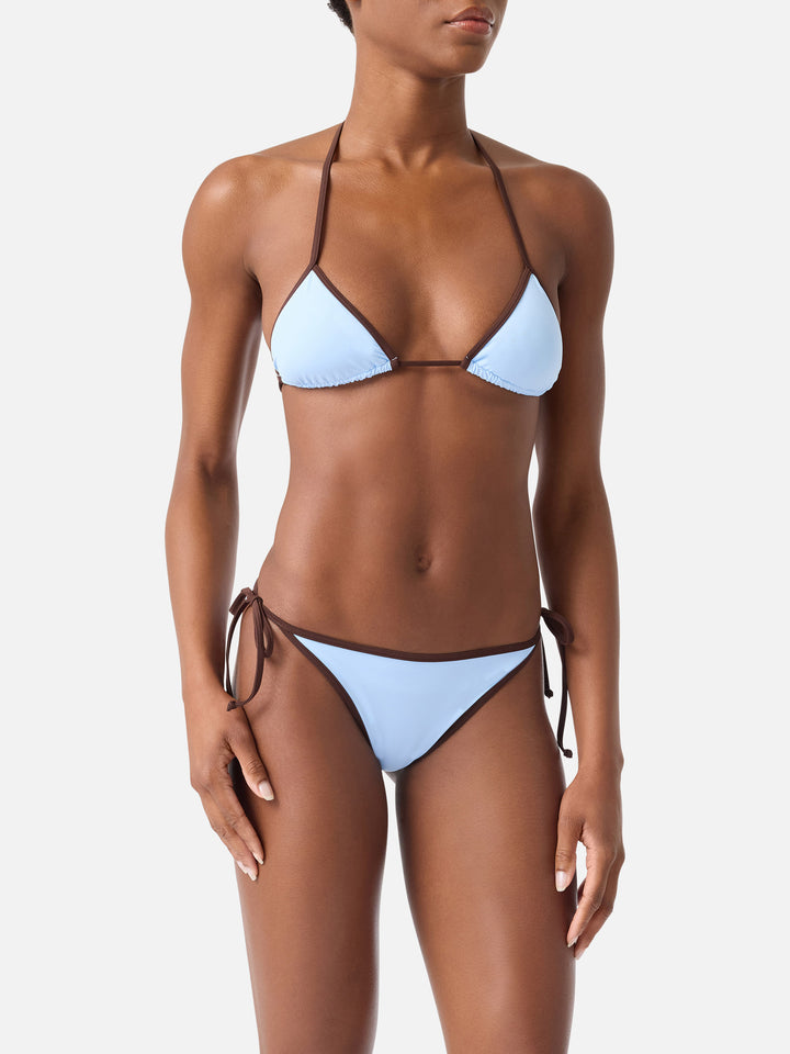 Bikini Leah Virgo marrone con bordi azzurri a contrasto