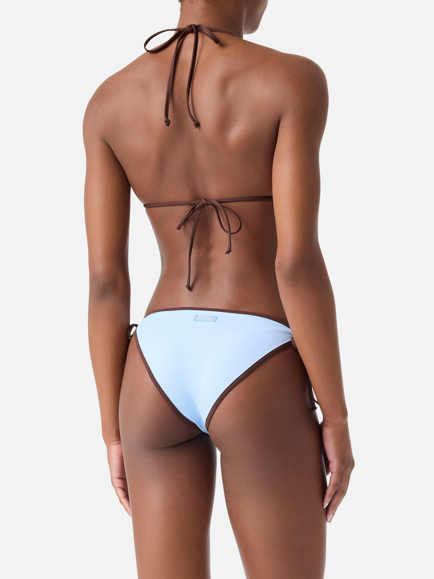 Bikini Leah Virgo marrone con bordi azzurri a contrasto