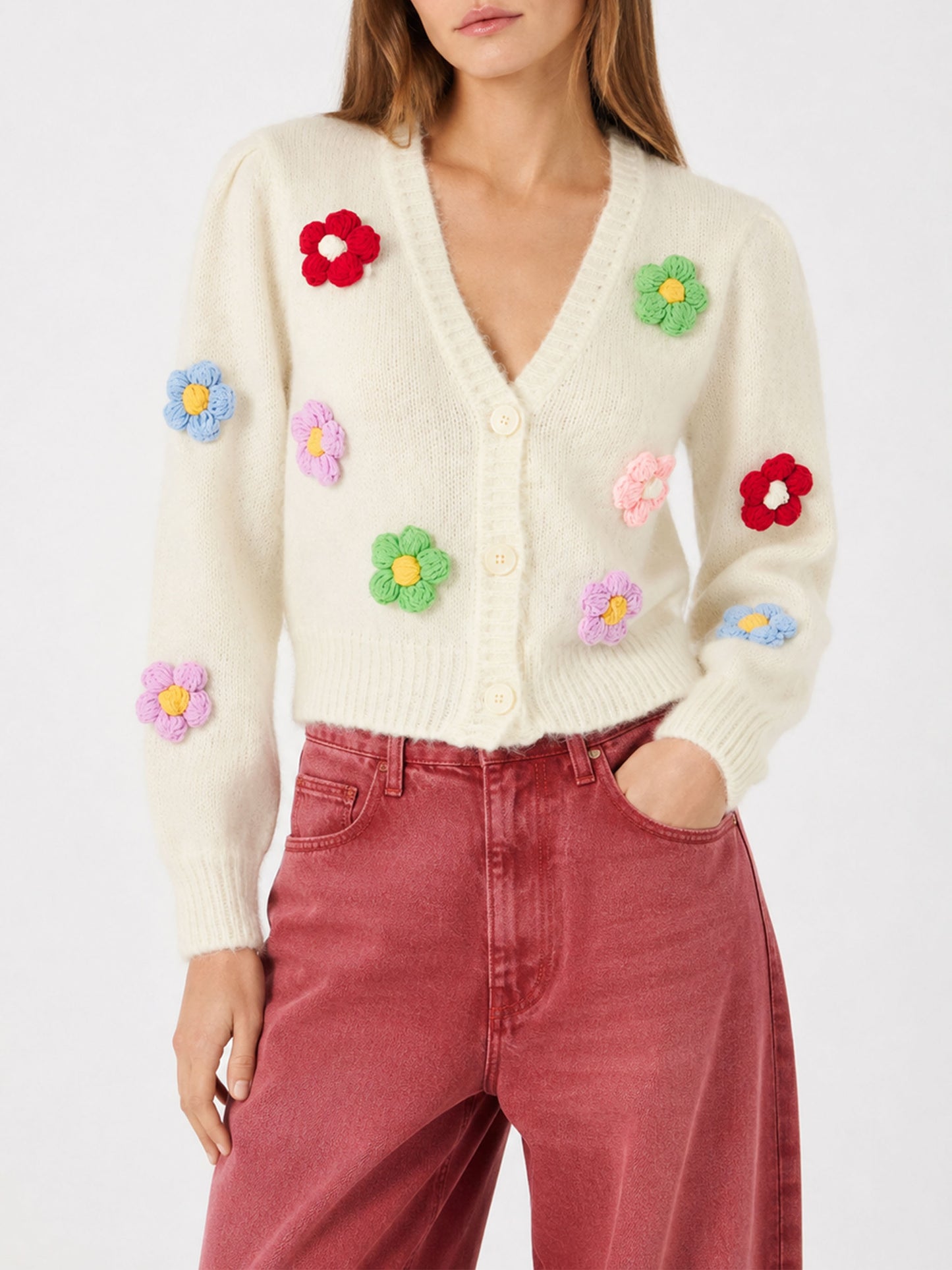 Lyza Soft Cropped-Cardigan mit Gänseblümchen-Applikationen 