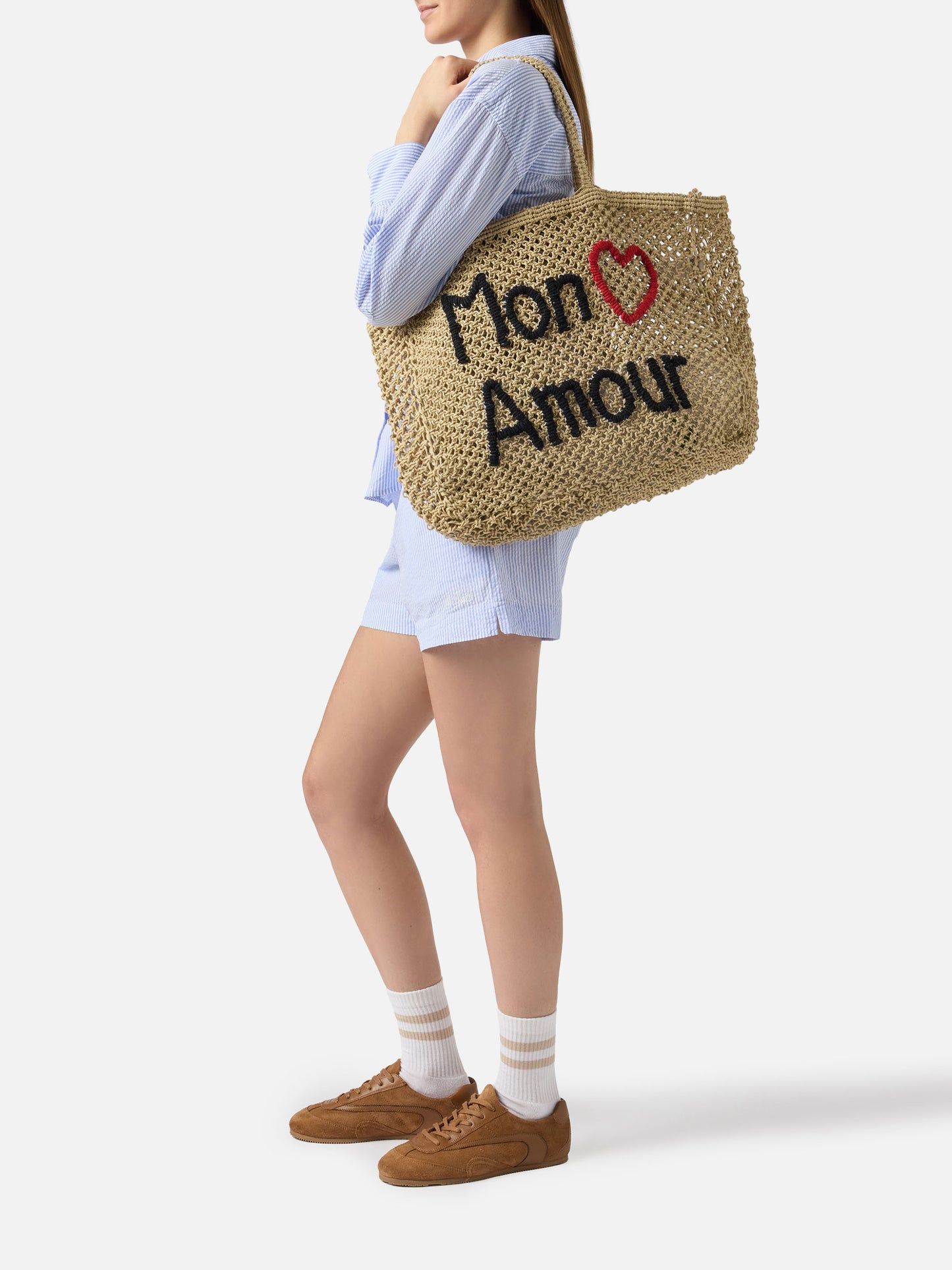 Borsa Mon Amour in juta con ricamo artigianale