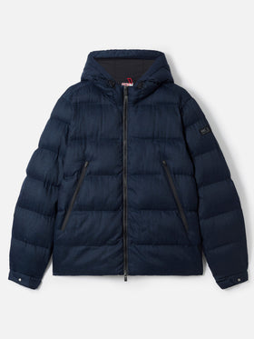 Maier padded hooded jacket in flannel in navy blue solid color