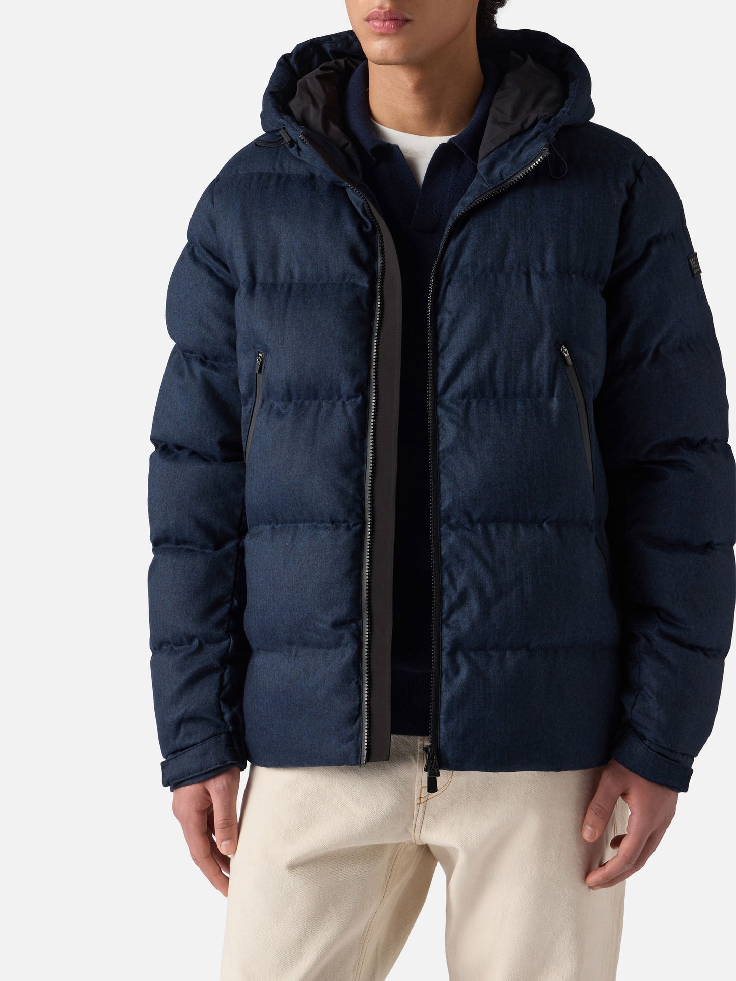 Maier padded hooded jacket in flannel in navy blue solid color
