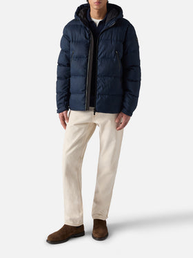Maier padded hooded jacket in flannel in navy blue solid color