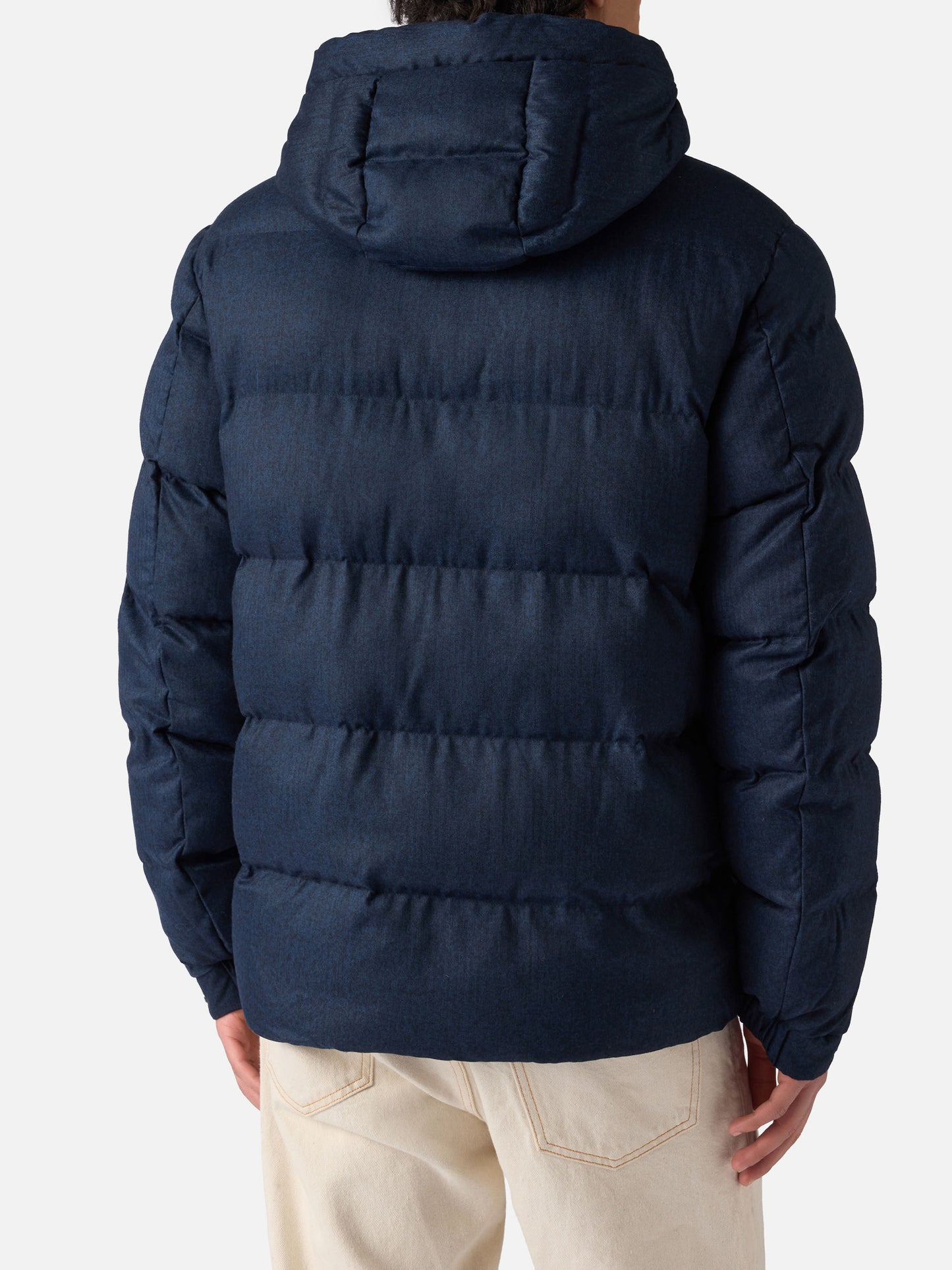 Maier padded hooded jacket in flannel in navy blue solid color