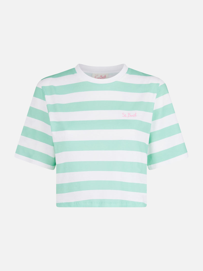 Kurzes T-Shirt für Damen mit Streifen in Aquamarin und Weiß