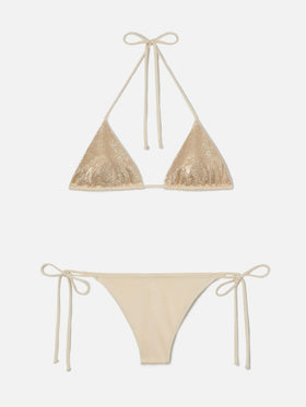 Bikini Maleah triangle in gold glossy-finish fabric with rhinestone embellishments