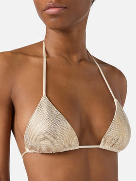 Bikini Maleah triangle in gold glossy-finish fabric with rhinestone embellishments