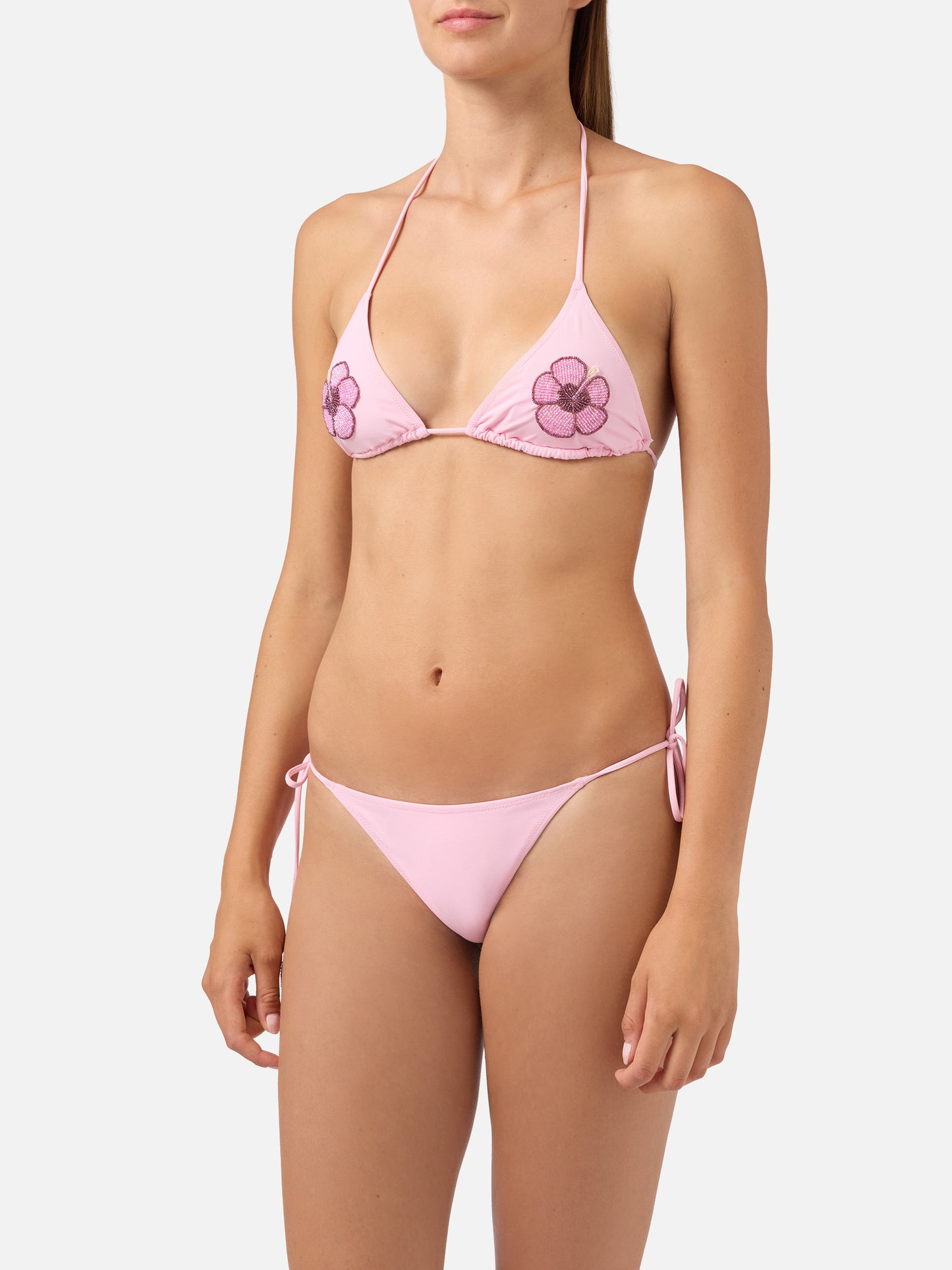Bikini Maleah Triangel in Rosa mit floralen Perlenverzierungen 