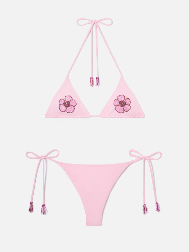 Bikini Maleah triangolo rosa con applicazioni floreali in perline