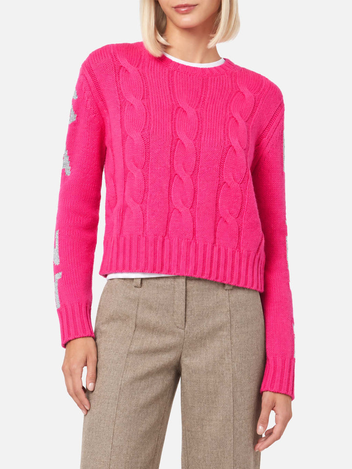 Fluo pink Malmo braided sweater with lurex jacquard