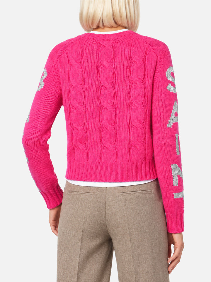 Fluo pink Malmo braided sweater with lurex jacquard