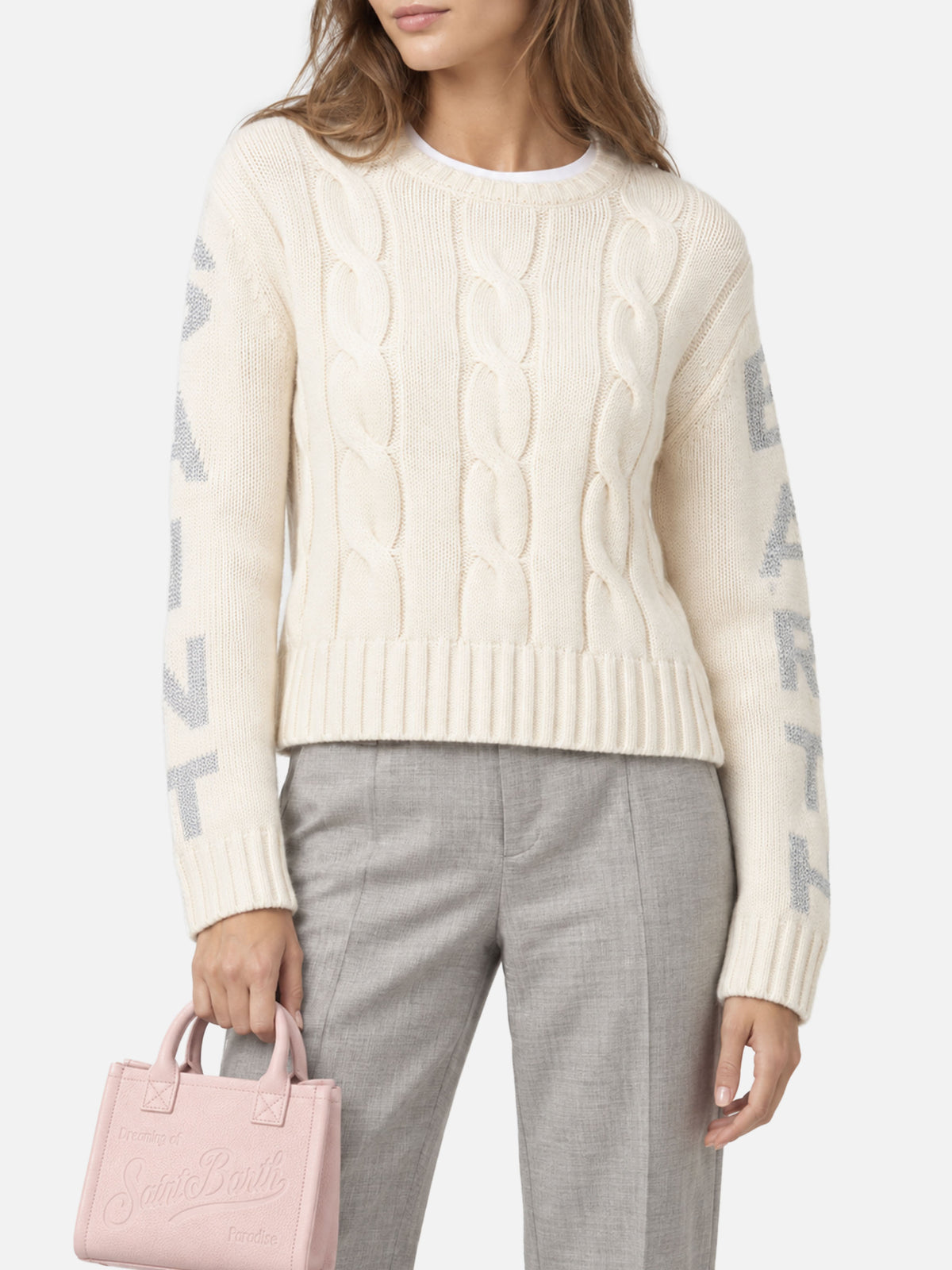 Maglione Malmo a girocollo in maglia intrecciata bianco con dettagli lurex