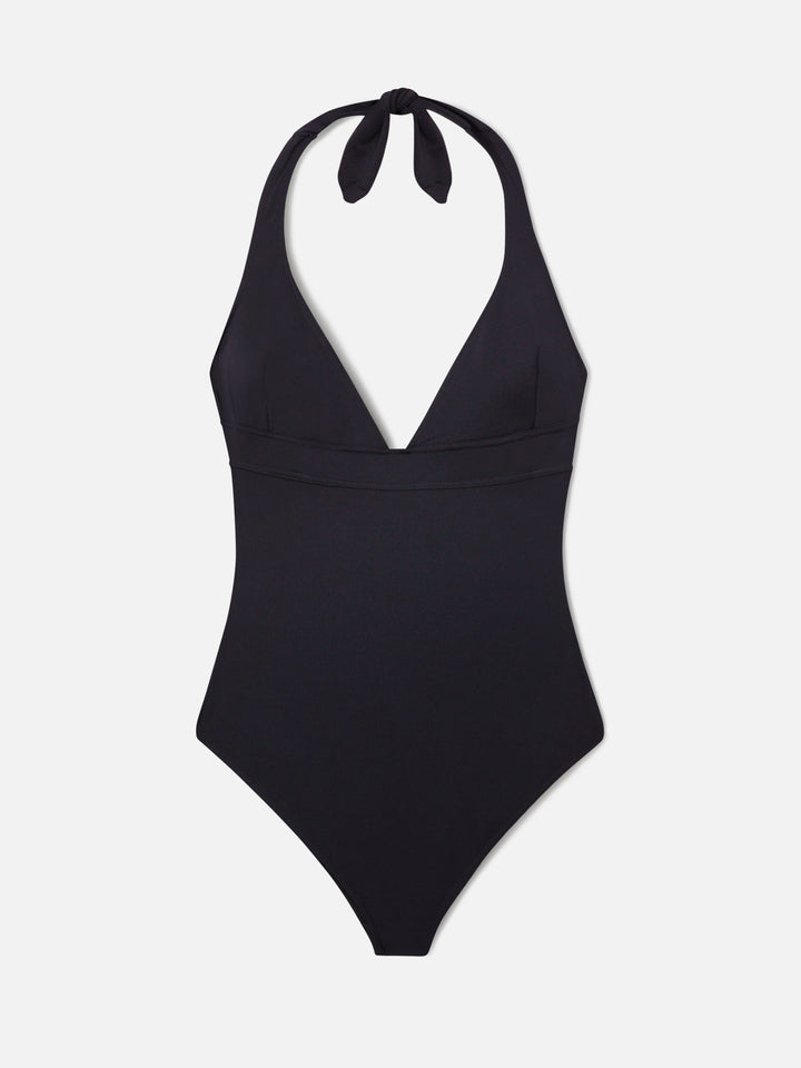 Einteiliger Marylin-Badeanzug mit Neckholder-Bändern in Uni-Schwarz 