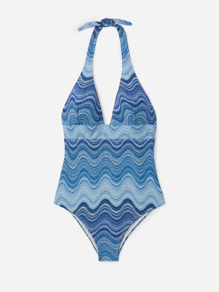 Marylin one-piece swimsuit in light blue degradé raschel fabric
