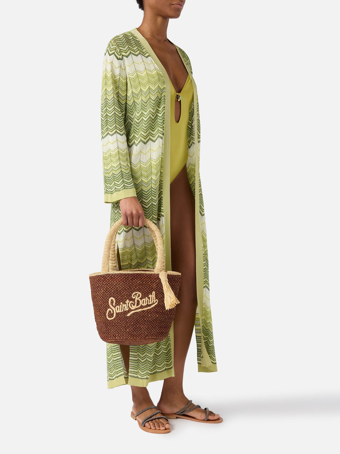 Brown Marcy raffia bag with tassel and embroidered logo