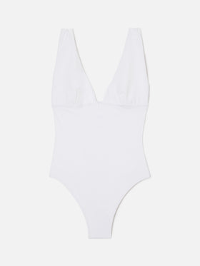 Mavi one-piece swimsuit with deep V neckline in solid white