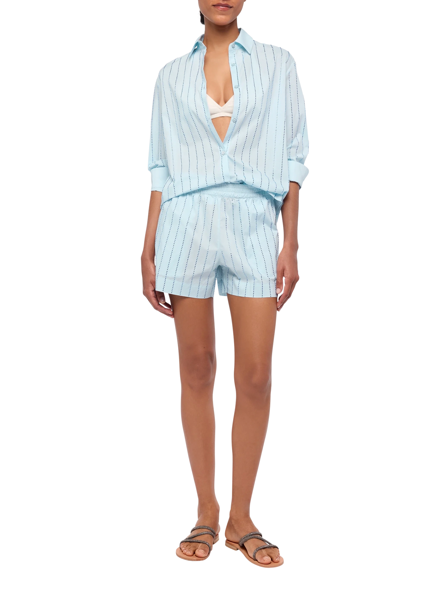 Meredith cotton popeline classic shirt with striped rhinestone embellishment