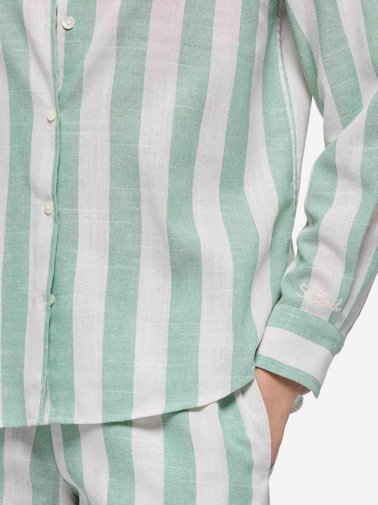 Meredith linen classic shirt with sage green striped print