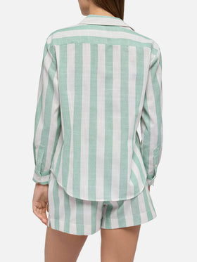 Meredith linen classic shirt with sage green striped print