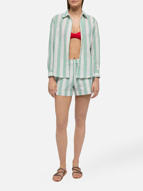 Meredith linen classic shirt with sage green striped print