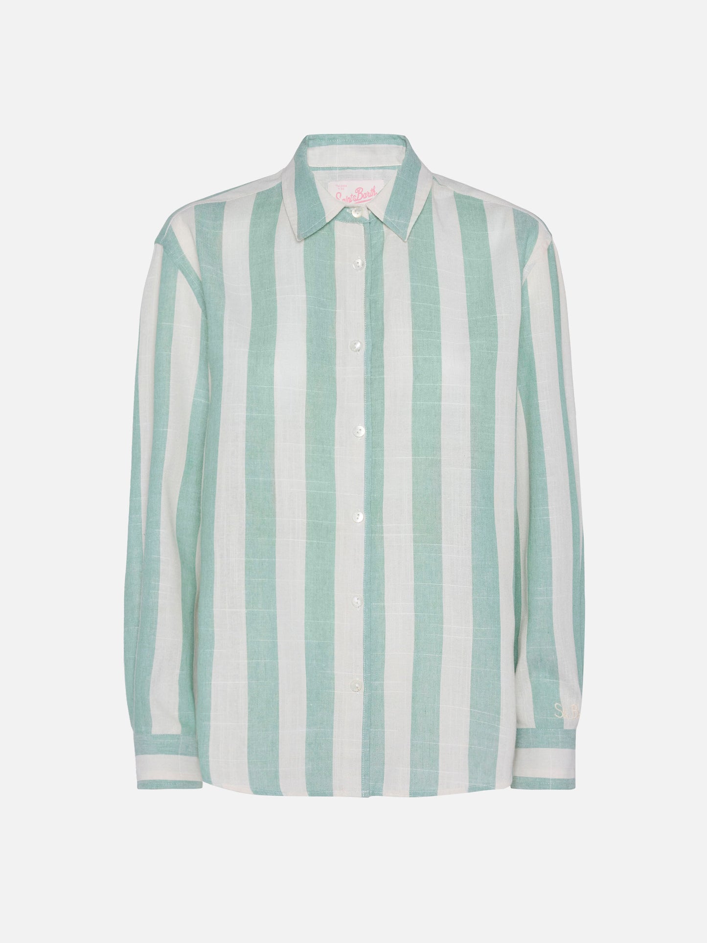 Meredith linen classic shirt with sage green striped print