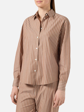 Camicia Meredith in cotone a righe marroni con ricamo Saint Barth