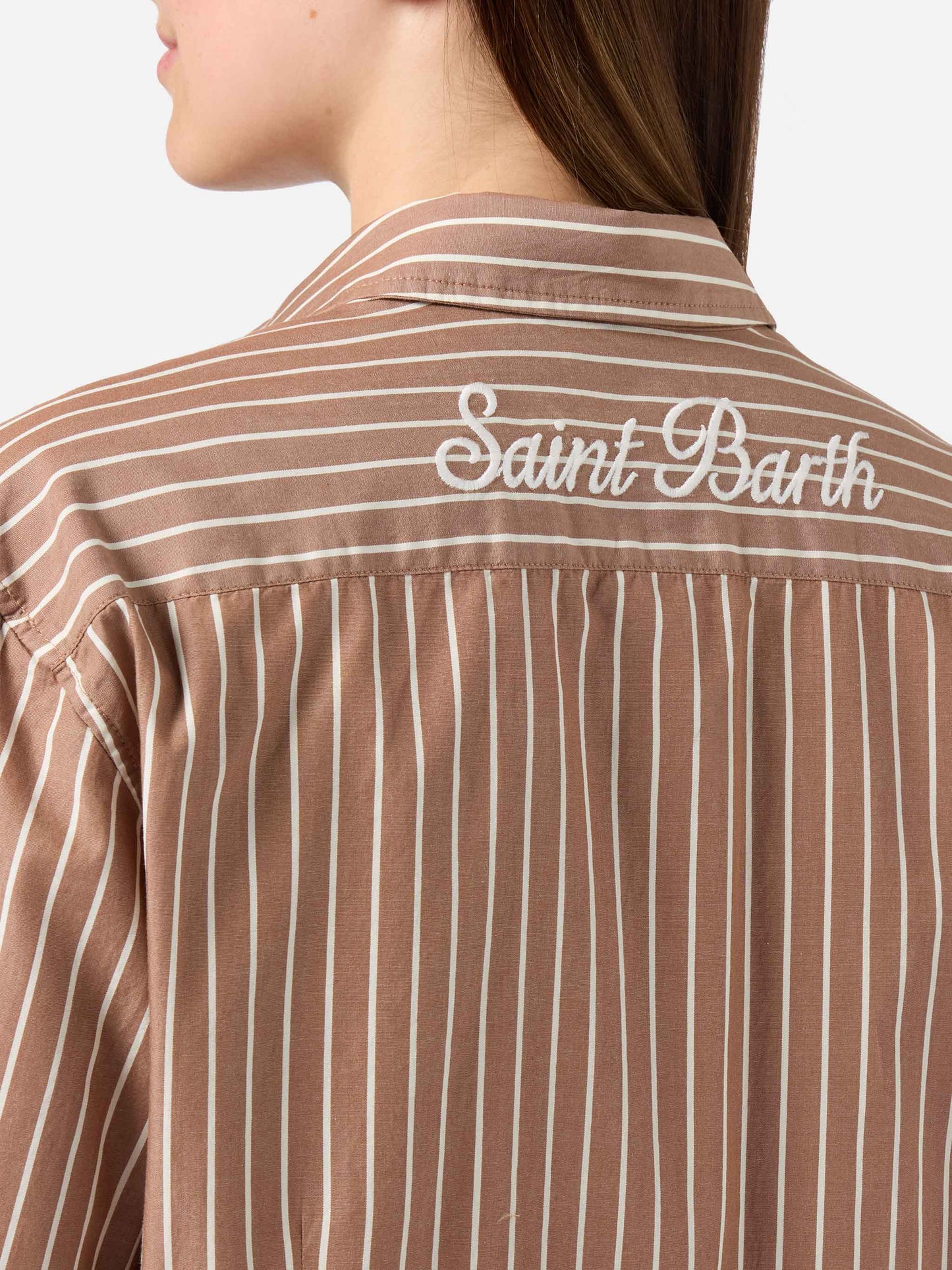 Camicia Meredith in cotone a righe marroni con ricamo Saint Barth