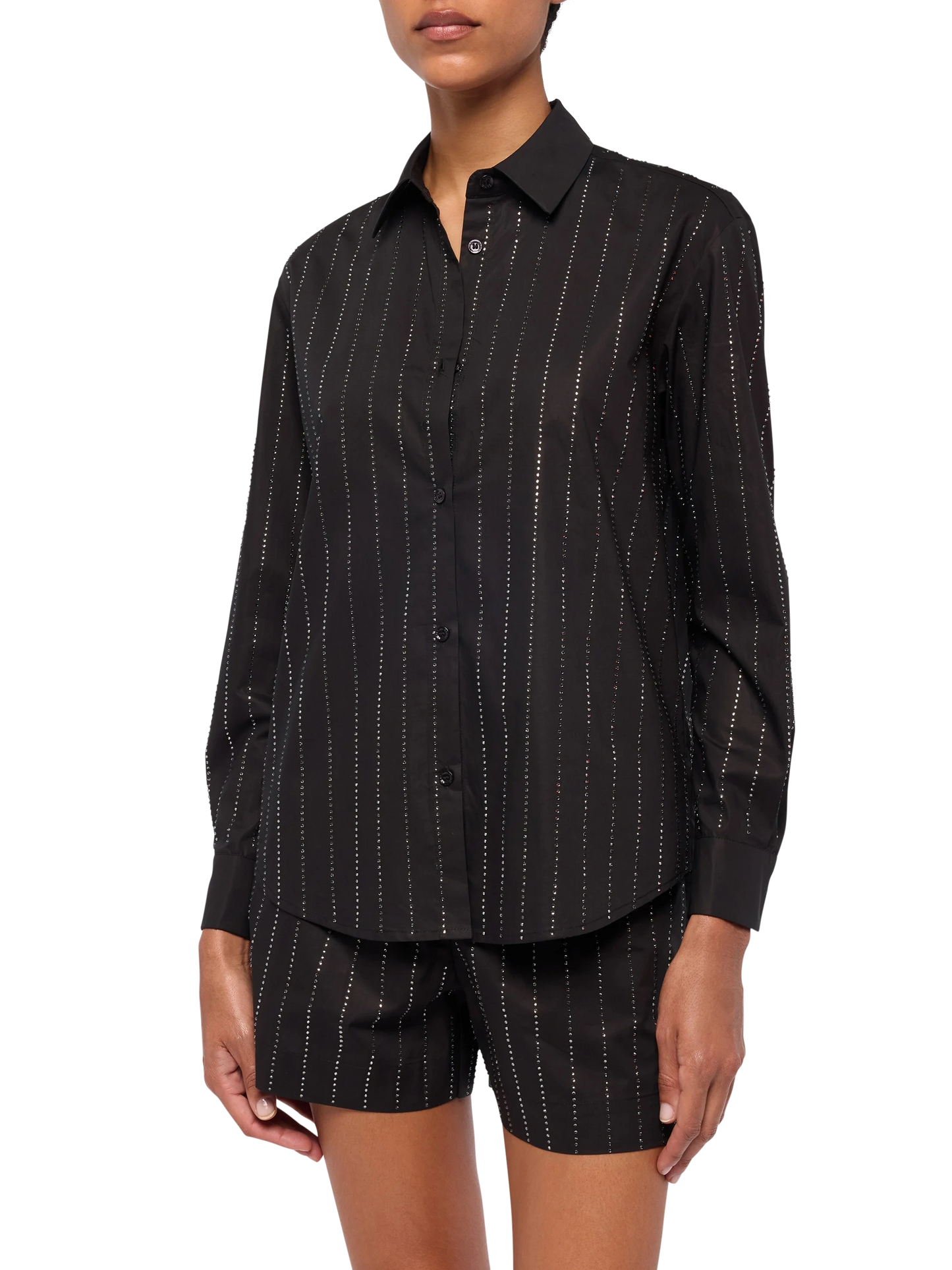 Meredith cotton popeline classic shirt with striped rhinestone embellishment