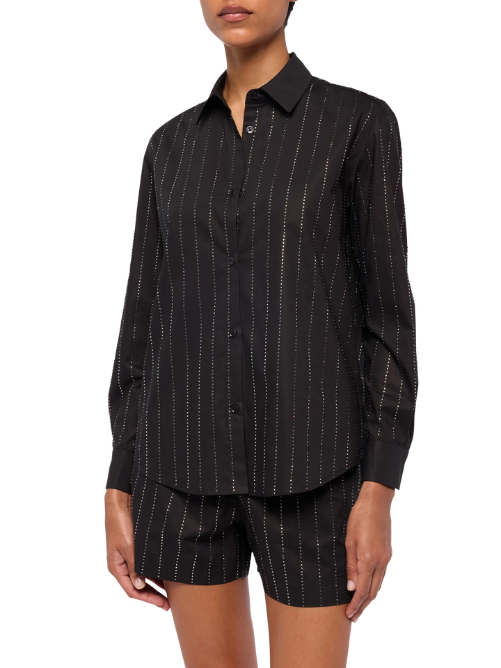 Meredith cotton popeline classic shirt with striped rhinestone embellishment