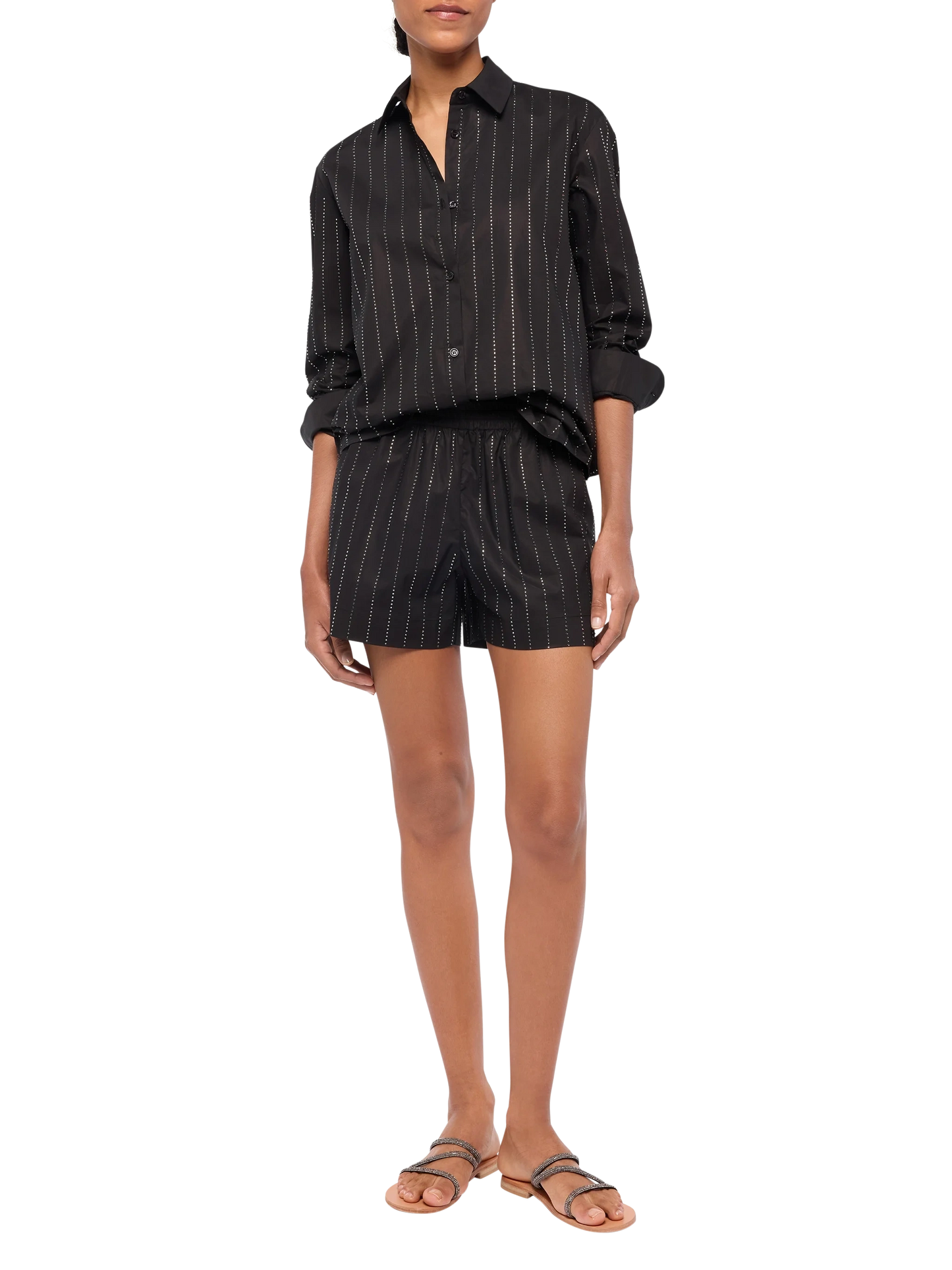 Meredith cotton popeline classic shirt with striped rhinestone embellishment