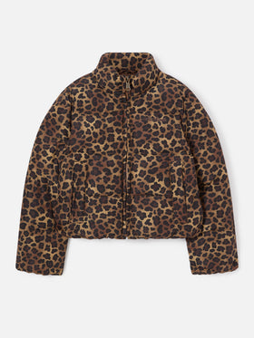 Piumino Maddy marrone in tessuto teddy con motivo leopardo