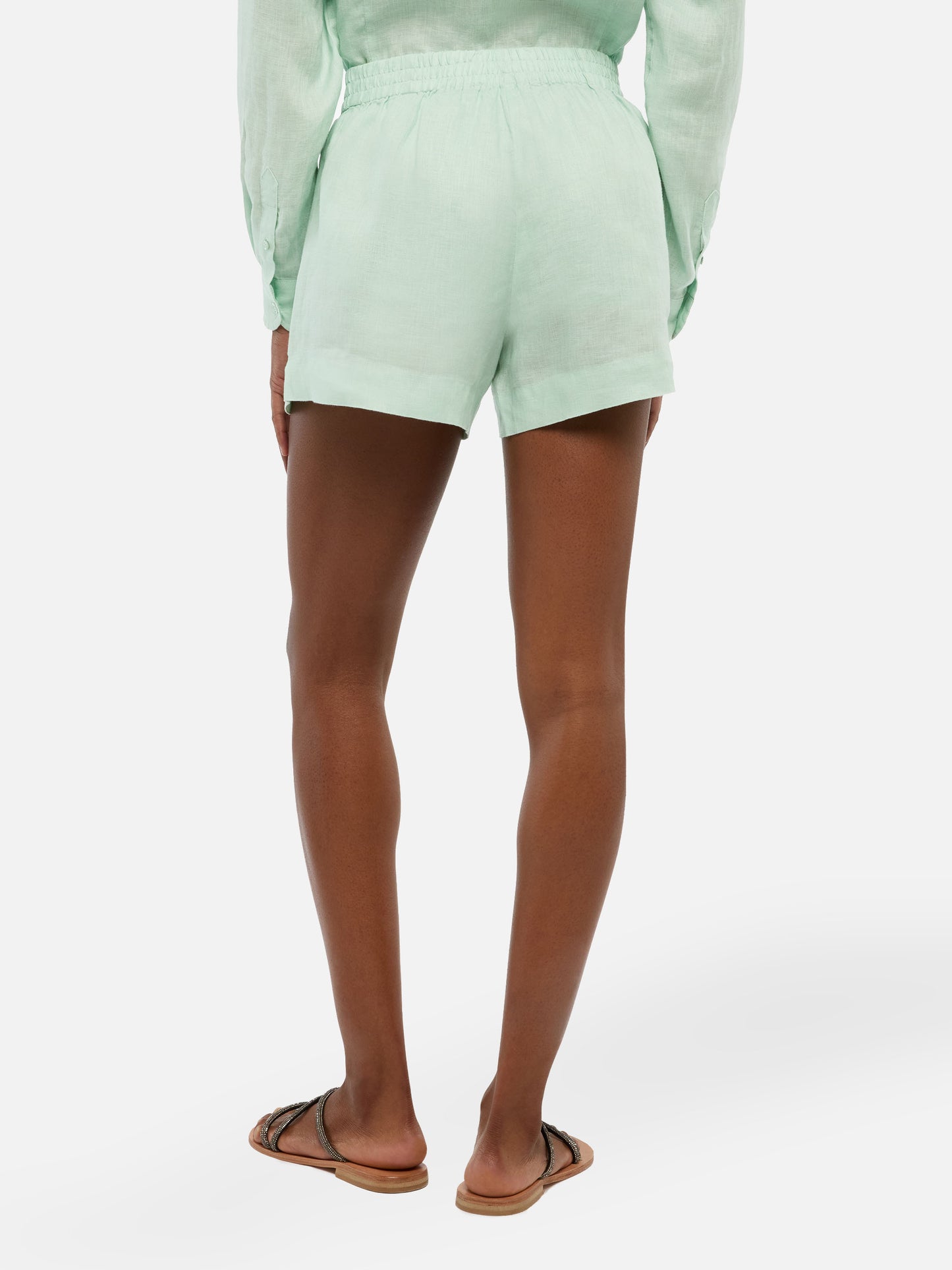 Meave – Salbeigrüne Pull-Up-Shorts aus Leinen