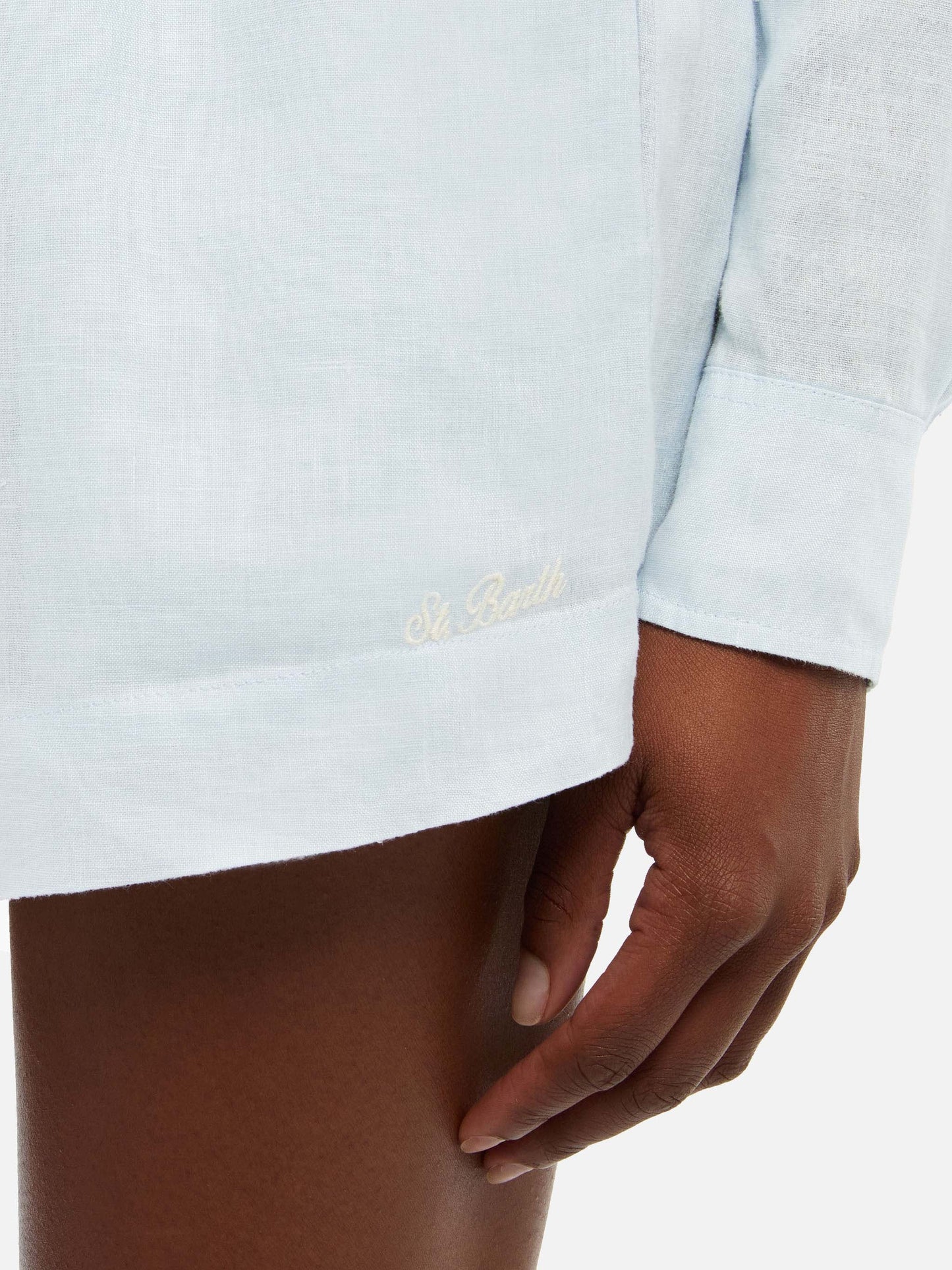 Meave – Hellblaue Pull-Up-Shorts aus Leinen