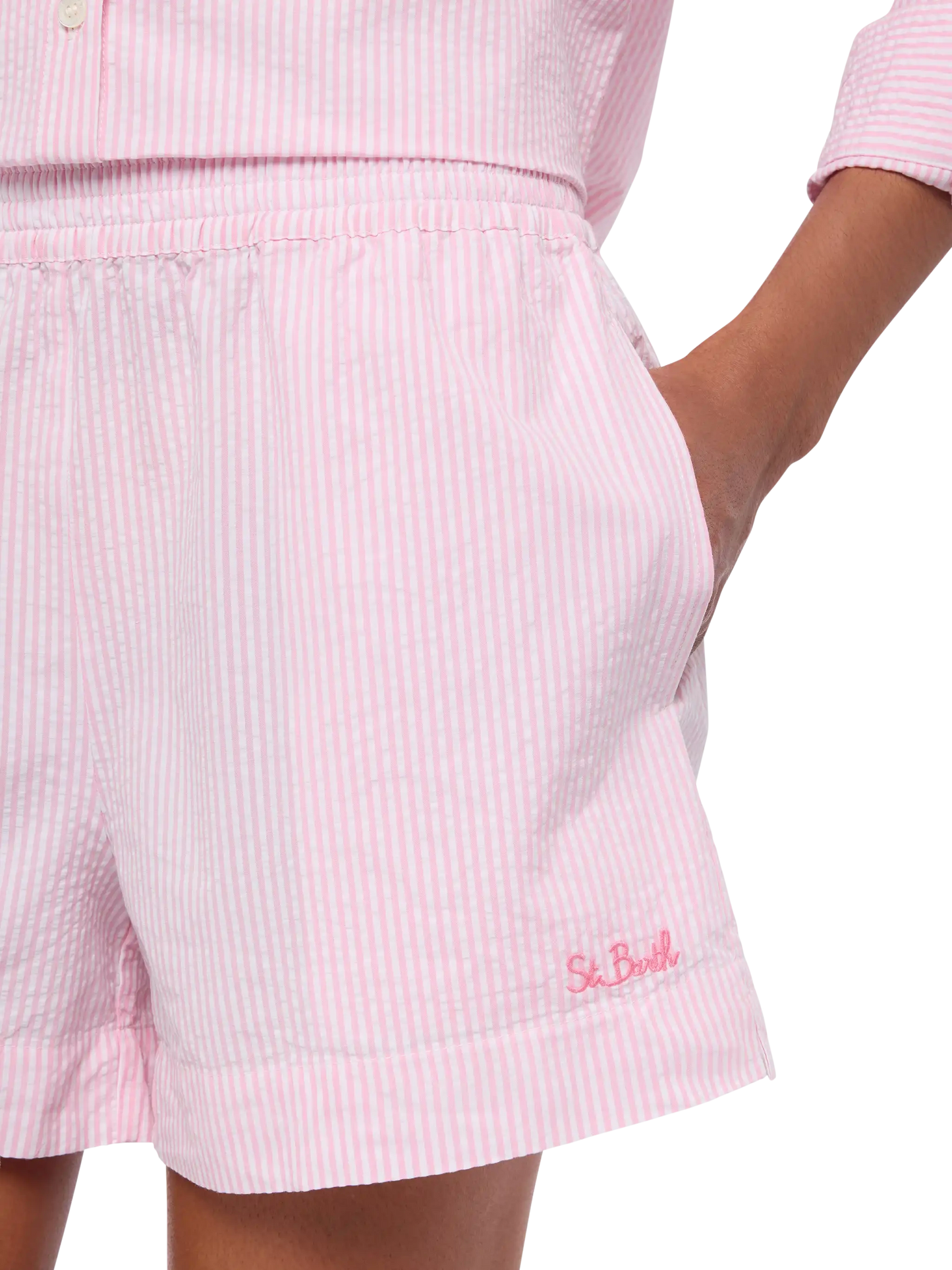 Meave seersucker cotton pull-up shorts with pink striped print