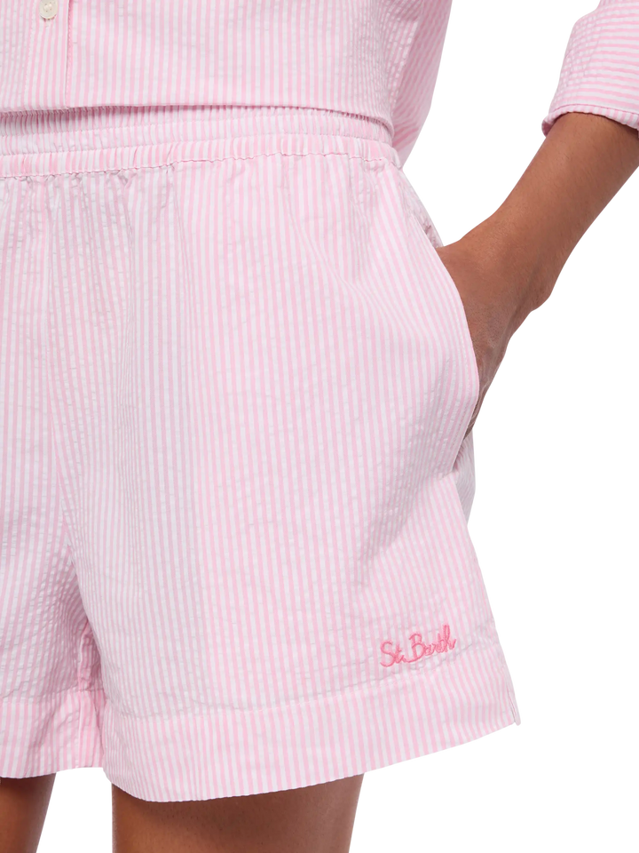 Meave seersucker cotton pull-up shorts with pink striped print