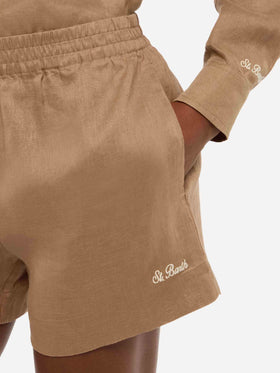 Meave camel brown linen pull up shorts