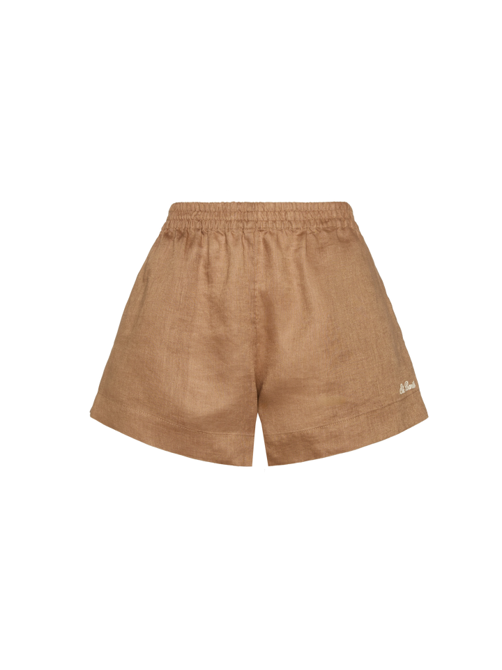 Meave camel brown linen pull up shorts
