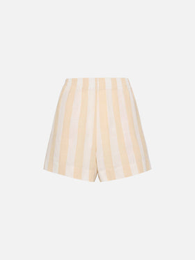 Meave shorts pull up in lino con stampa a righe beige