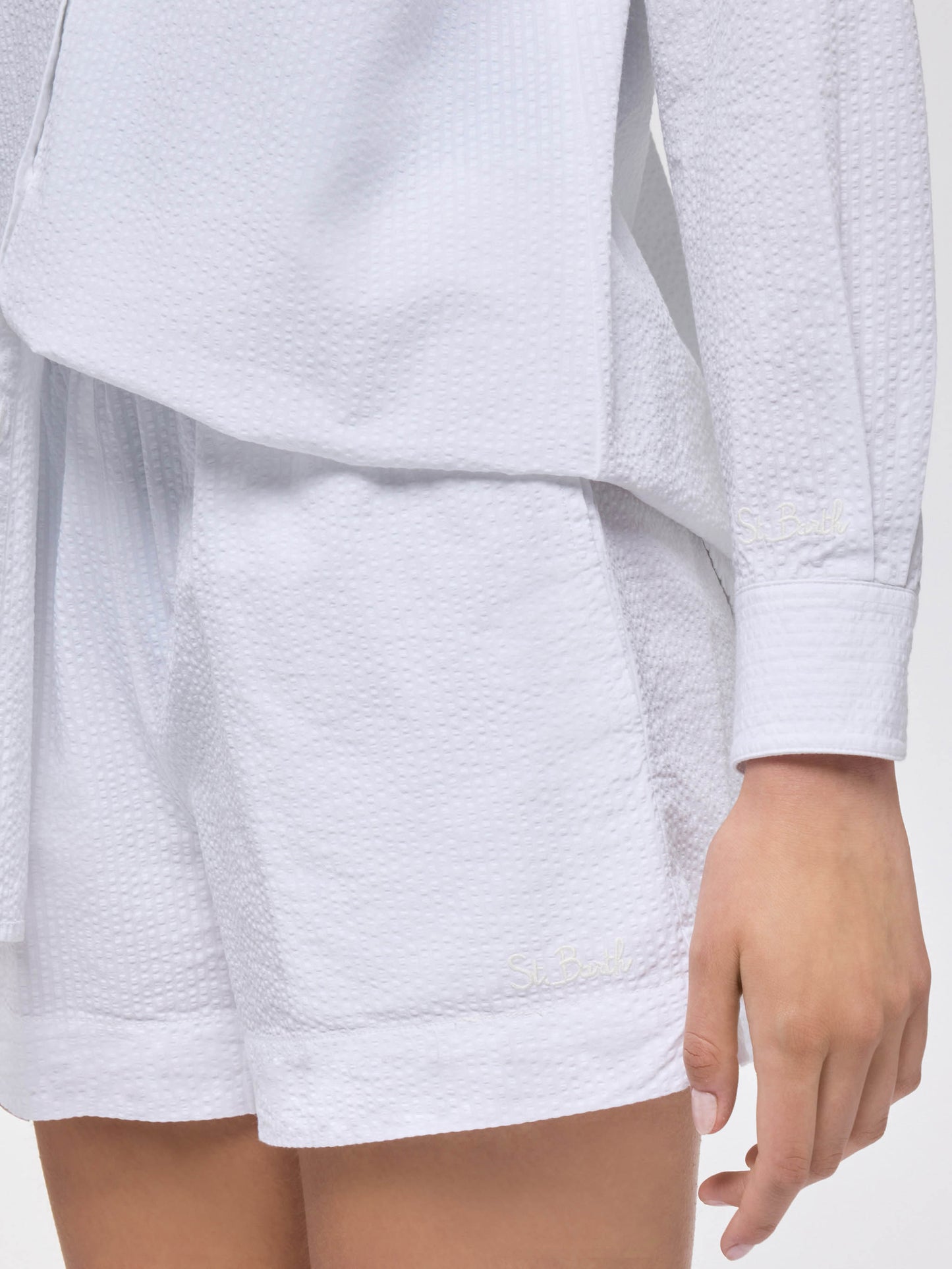 Meave white seersucker cotton pull-up shorts