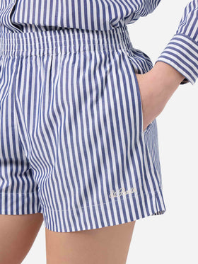 Blaue gestreifte Meave Shorts aus Popeline 