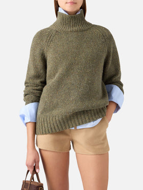 Military green Meghan Donegal turtleneck wool blend knit