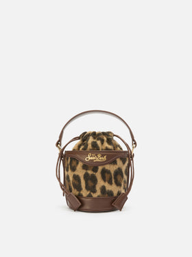 Borsa a secchiello Mila Tweed in misto lana tweed leopardato