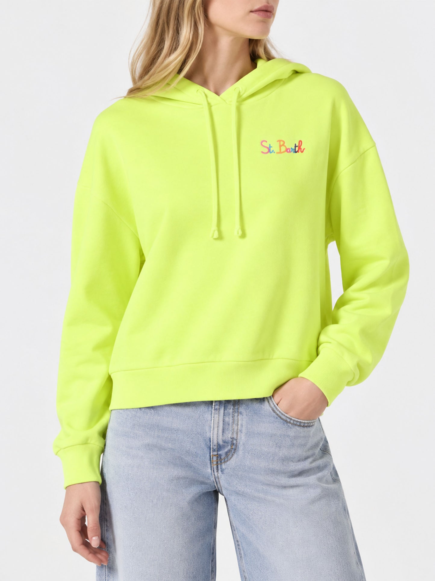 Fluo yellow hoodie with St. Barth embroidery