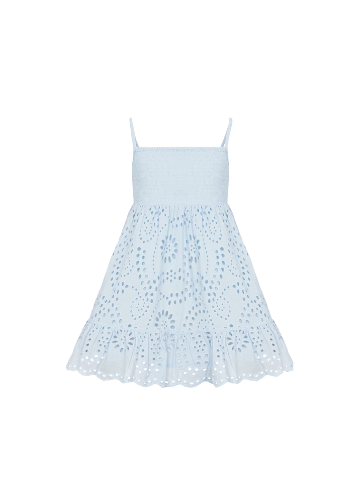 Miki hellblaues Strandkleid aus Sangallo-Spitze aus Baumwolle