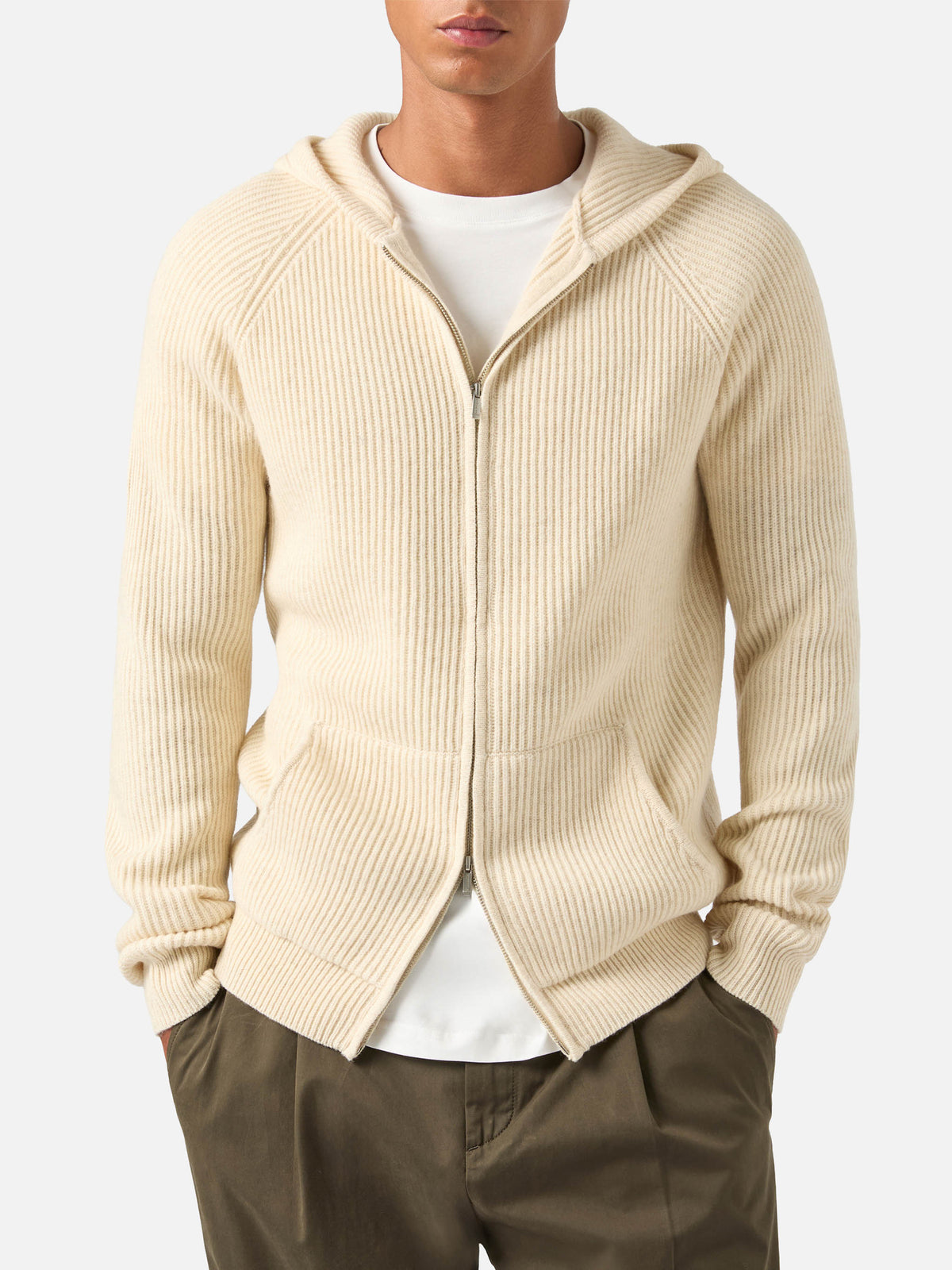 Punto con capucha Malcolm de lana beige con cremallera completa 