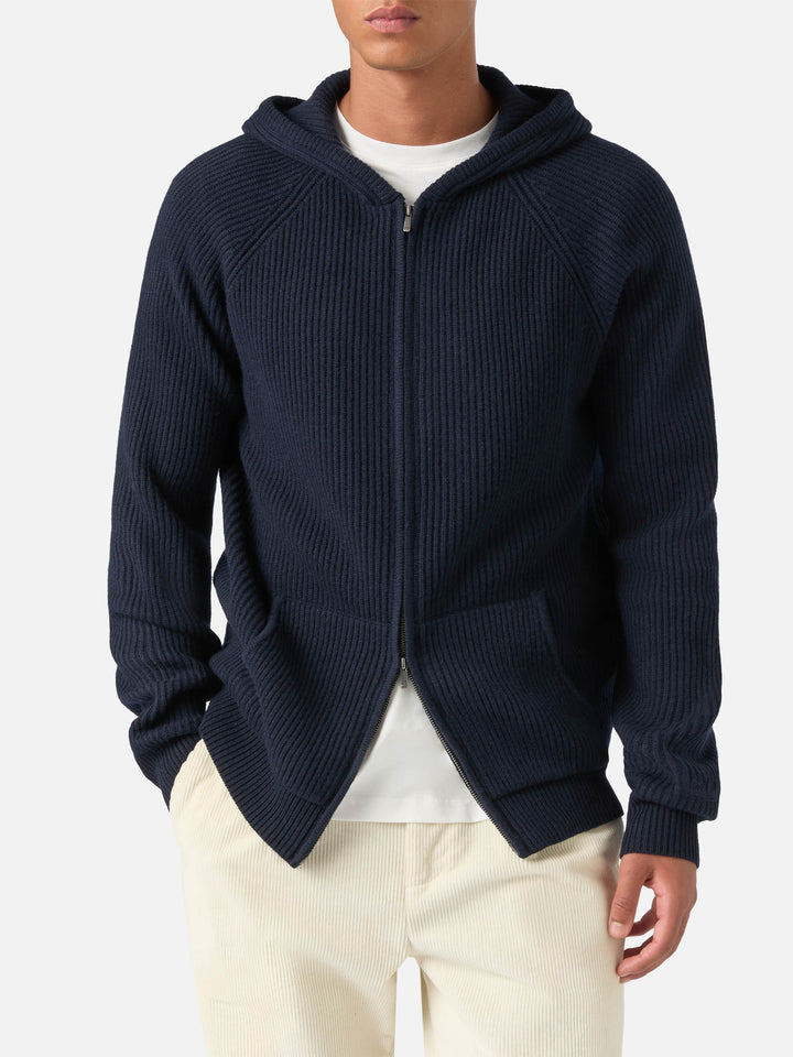 Punto con capucha de lana Malcolm Navy blue con cremallera completa 